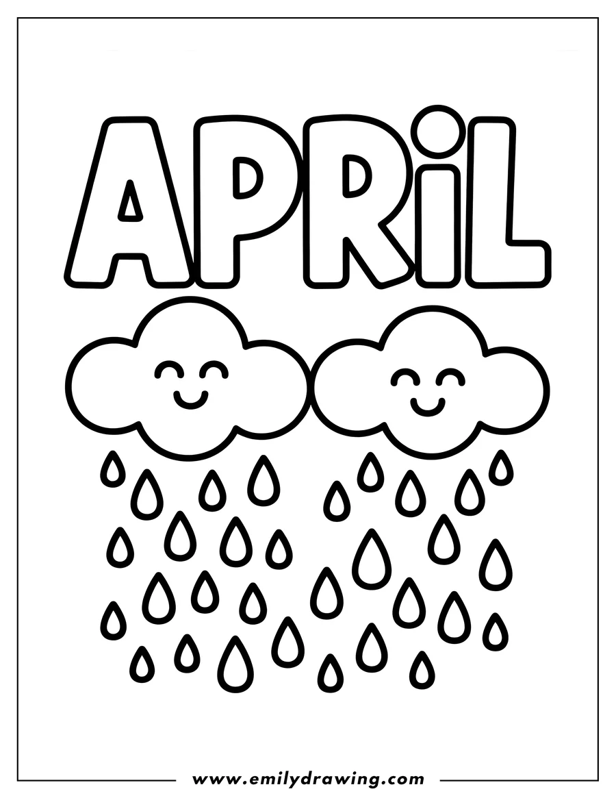 Two smiling clouds with raindrops falling beneath them. The word April is written above the clouds.