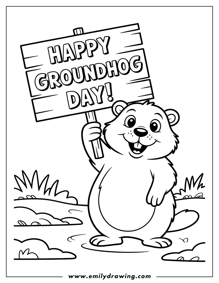 Outline of a smiling cartoon groundhog standing on the grass and holding up a large wooden sign that reads