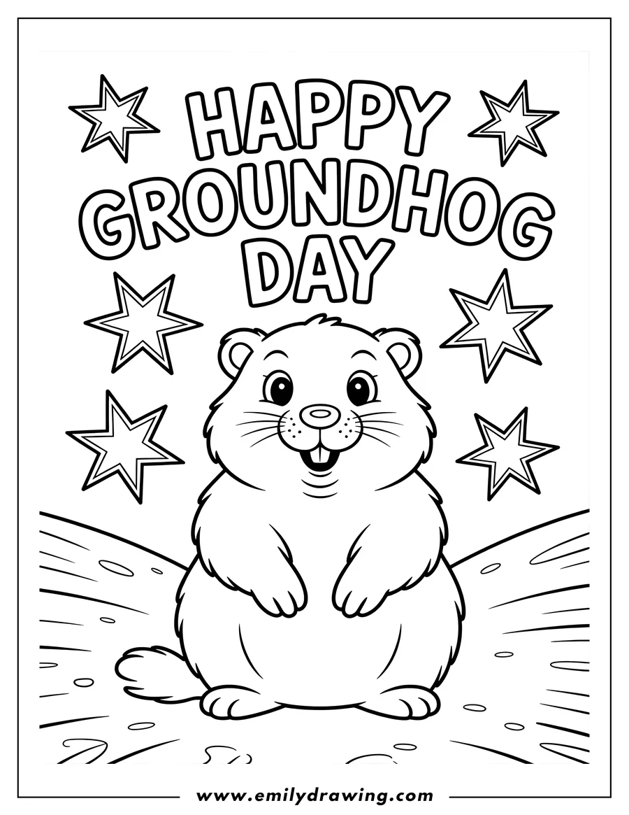 Line art of a cheerful groundhog standing on the ground, surrounded by decorative stars and the text reading