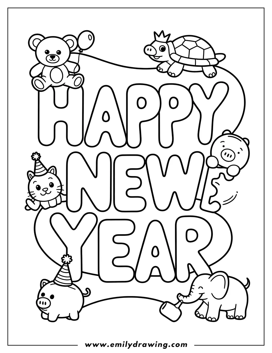 Line art featuring a bear, turtle, cat, pigs, and an elephant arranged around large bubble letters spelling 'Happy New Year'. The bear holds a balloon, the turtle wears a crown, the cat and one pig wear party hats, and the elephant holds a noisemaker.
