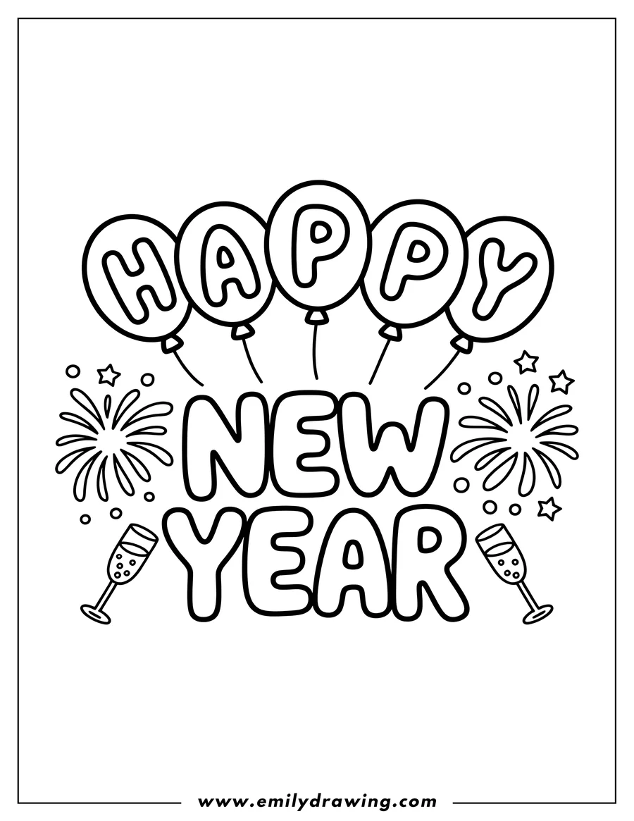 Line art spelling 'HAPPY NEW YEAR' with balloons, fireworks, and champagne glasses