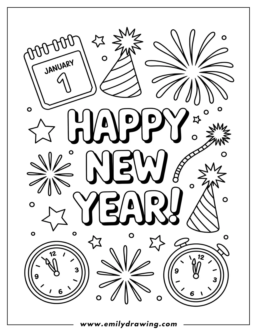 Outline of New Year's themed items including a calendar showing January 1, party hats, fireworks, stars, and clocks set to midnight, with the words 'HAPPY NEW YEAR!'