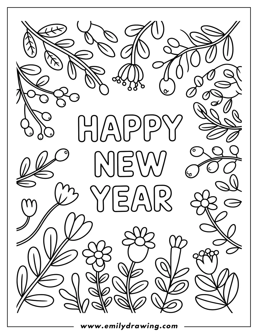 Line art of the words 'Happy New Year' surrounded by various stylized flowers and leafy branches.