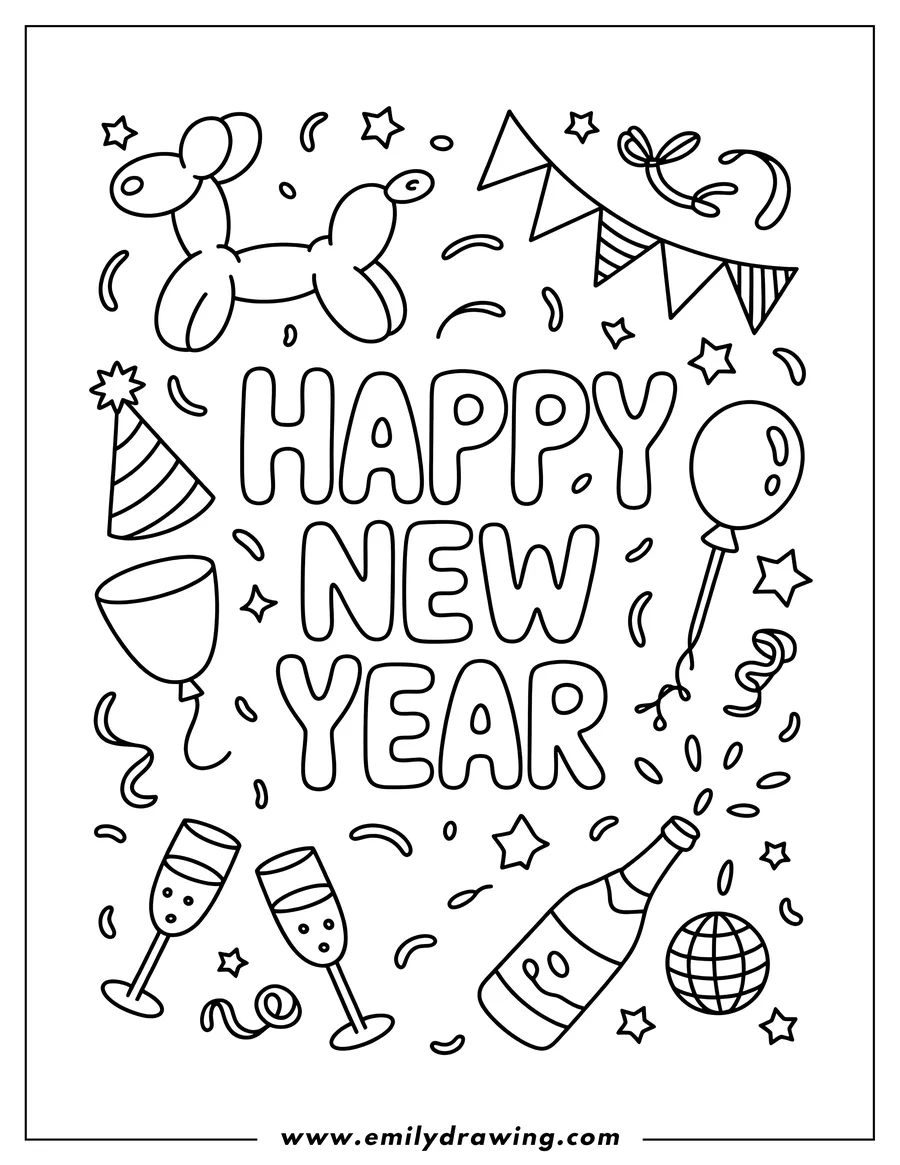 Outline of 'Happy New Year' text surrounded by party elements like a balloon dog, confetti, stars, party hat, balloons, champagne bottle, champagne flutes, and a disco ball.