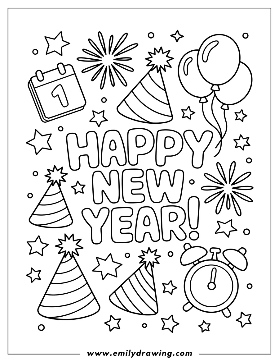 Outline of 'Happy New Year!' text surrounded by party hats, balloons, fireworks, a calendar showing '1', an alarm clock, stars, and small circles, all for coloring.