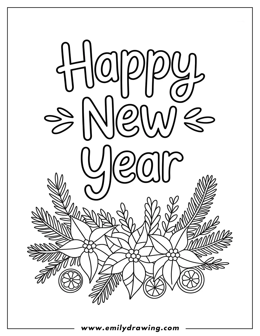 Line art of 'Happy New Year' text with a decorative border of poinsettia flowers, pine branches, and orange slices at the bottom.