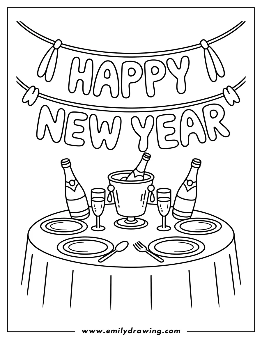 Line art of a New Year's Eve table set with two champagne bottles, an ice bucket with a bottle, four champagne flutes, four plates, and cutlery. A festive banner above reads 'HAPPY NEW YEAR'.