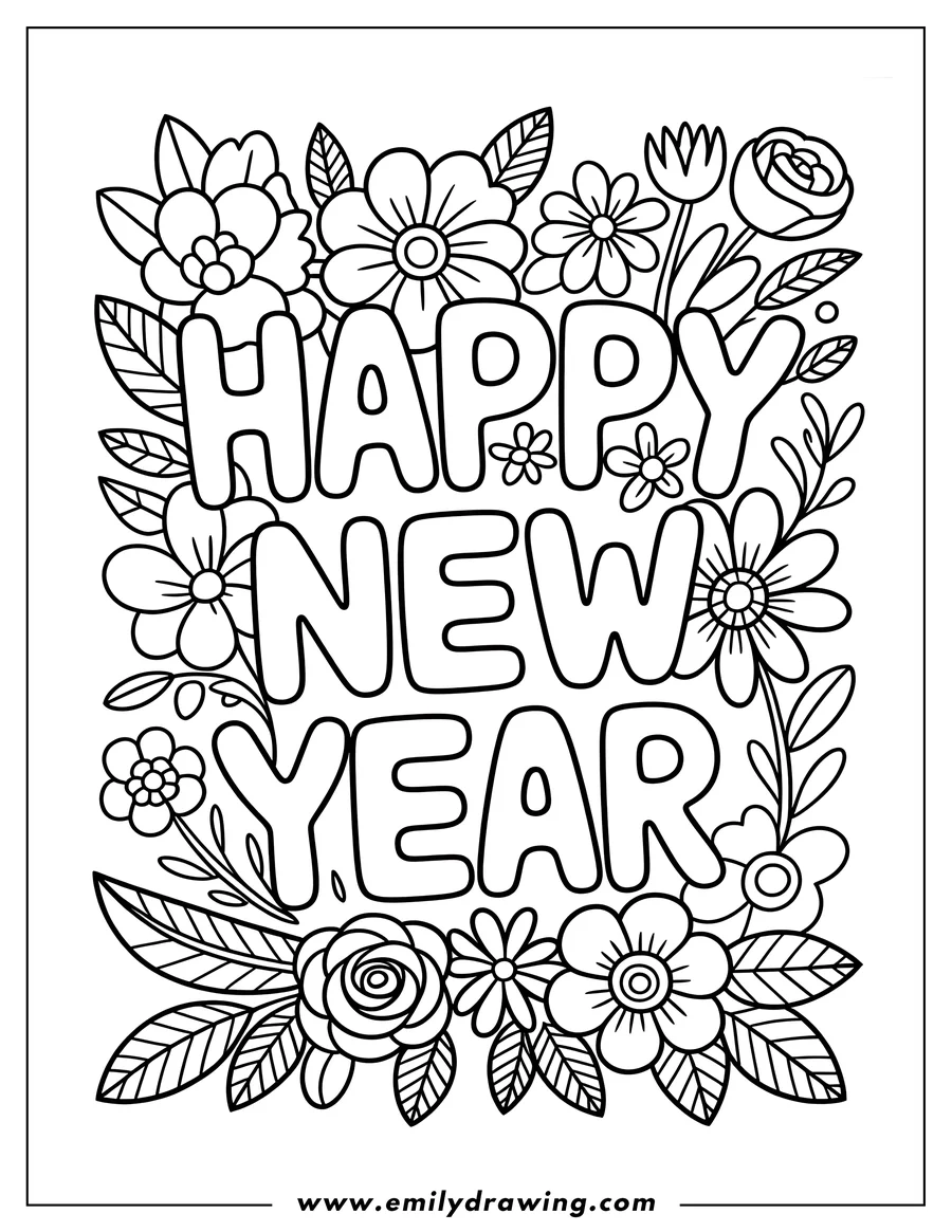 Outline of the words 'Happy New Year' in bubble letters, surrounded by various detailed flowers and leaves.