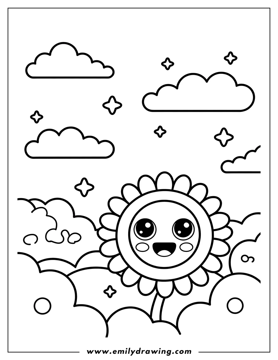 Outline of a cartoon sun with large, sparkling eyes and a wide smile, emerging from large, fluffy clouds in the sky, surrounded by small star shapes.