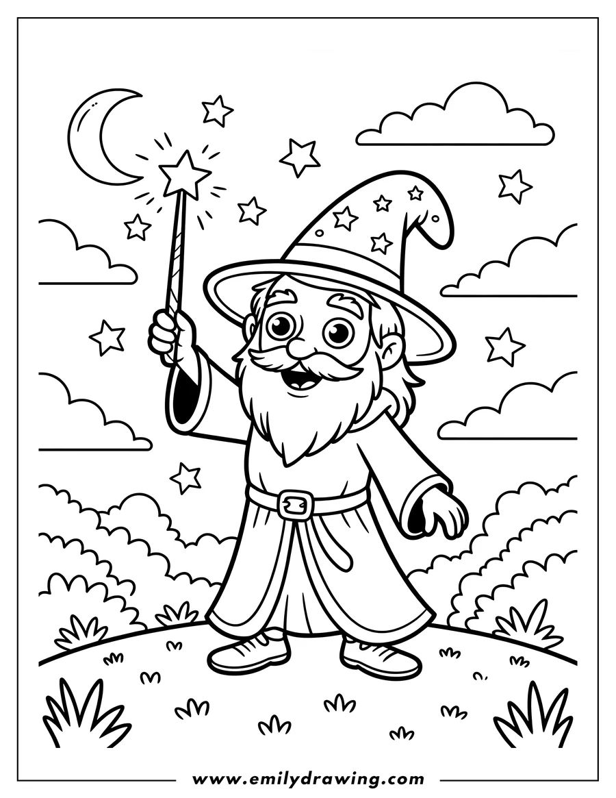 Line art of a cheerful cartoon wizard with a long beard and pointed hat, standing outdoors. He is holding a star-tipped magic wand high up under a crescent moon and floating stars.