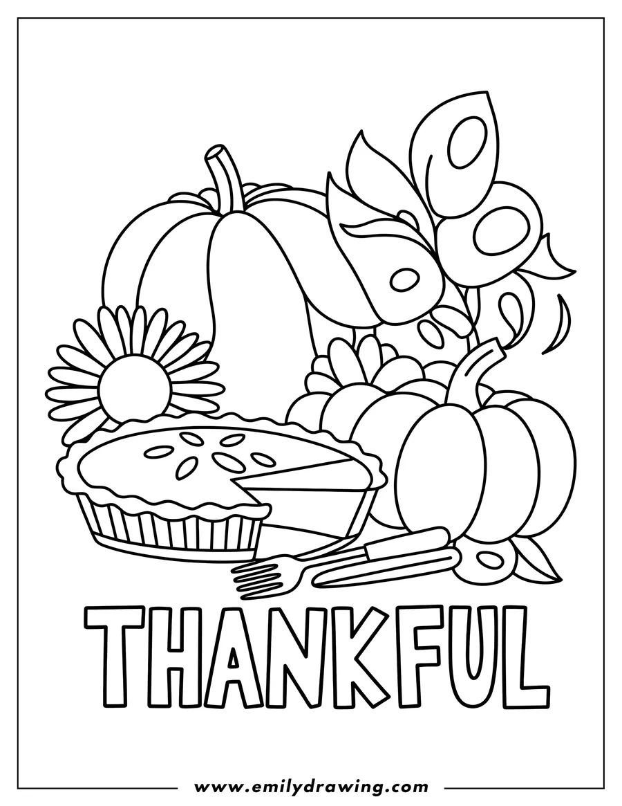 Line art depicting a still life of Thanksgiving or harvest items including a sliced pie in a dish, several pumpkins, gourds, and autumn foliage, with a daisy flower. The word 'THANKFUL' is written in bold outline text at the bottom.