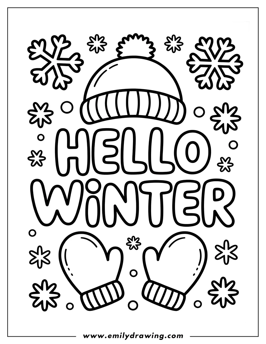 Line art of a winter hat with a pom-pom, a pair of mittens, and the words 'Hello Winter' surrounded by various snowflakes and small circles.