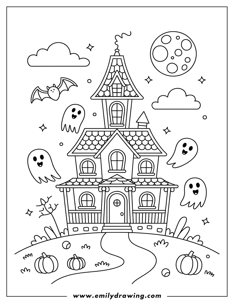 Line art of a haunted house with a tall turret, surrounded by flying cartoon ghosts, a bat, pumpkins on the ground, and a full moon in the sky.