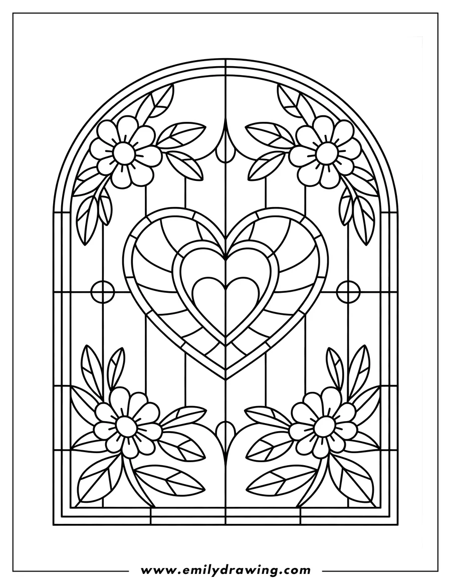 Line art of a stained glass window design featuring a large heart shape in the center, framed by symmetrical floral patterns with flowers and leaves at the top and bottom.