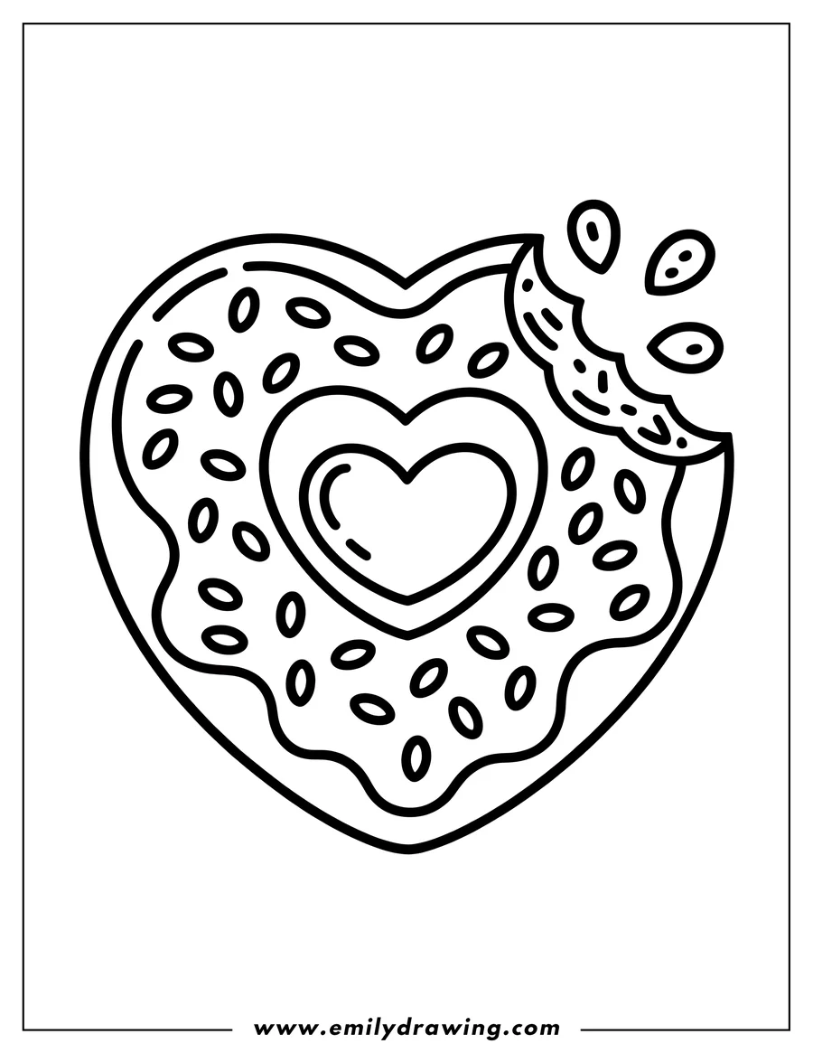 Outline of a heart-shaped donut with a bite taken out of it. The donut is sprinkled with small ovals and contains a heart shape in the center.