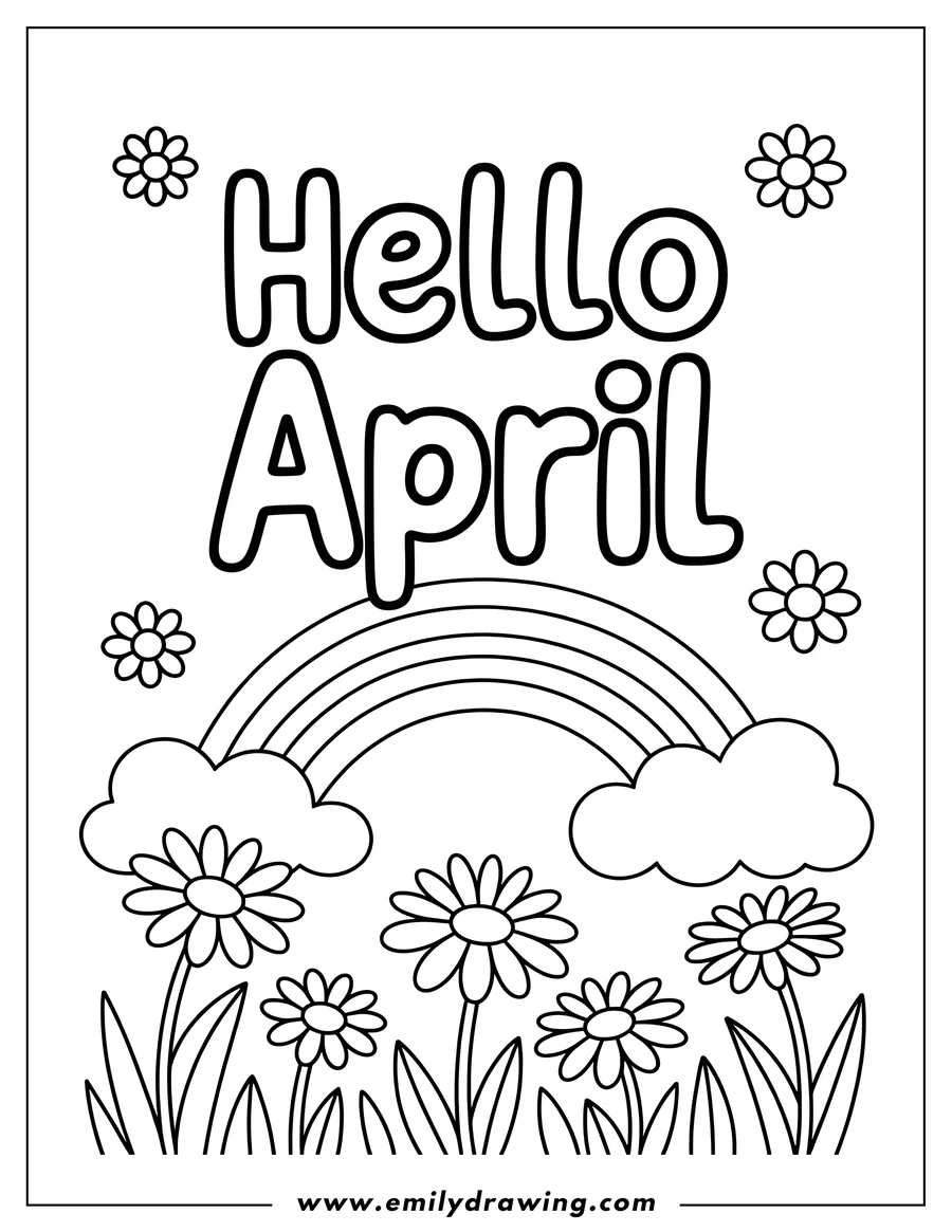Outline of the words 'Hello April' above a simple rainbow and daisies.