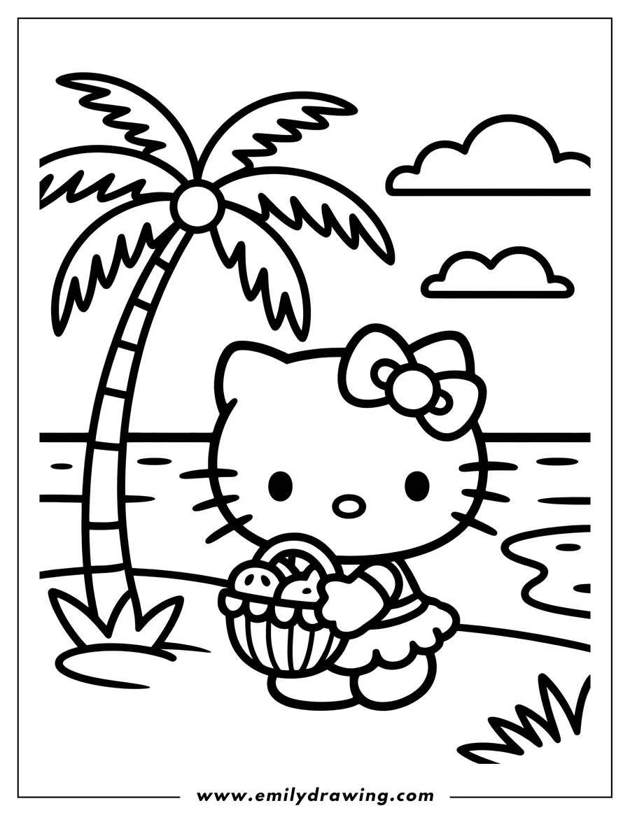 Outline of Hello Kitty holding a basket, standing near a palm tree by the ocean.