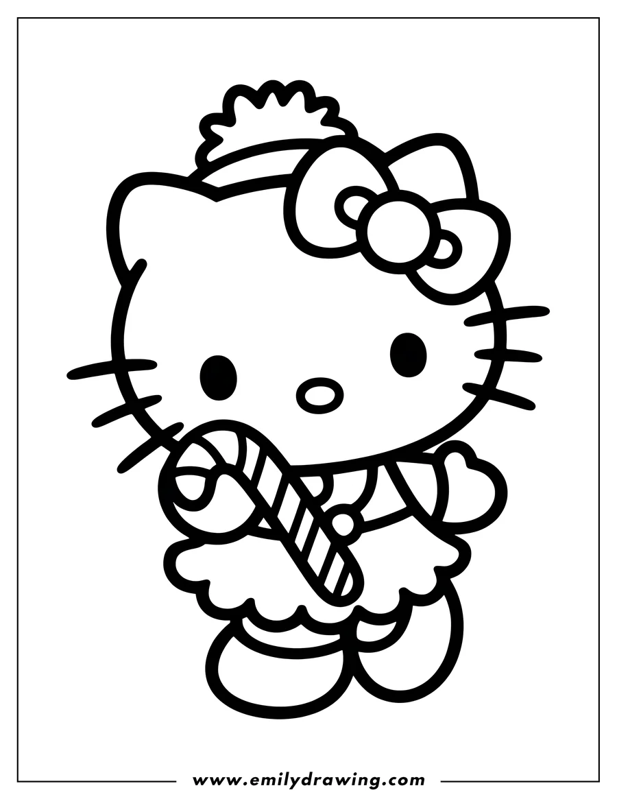 Line art of Hello Kitty holding a large candy cane. She wears a winter hat and a bow.
