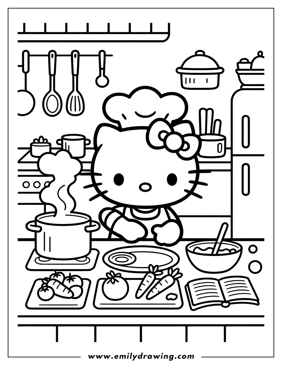 Line art of Hello Kitty wearing a chef hat and apron, standing in a fully equipped kitchen. She is surrounded by cooking items including a steaming pot, ingredients, a recipe book, and a mixing bowl.