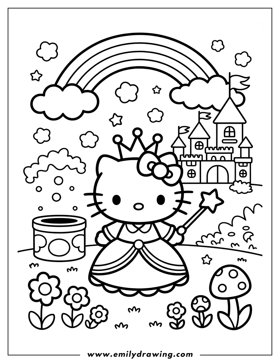 Outline of Hello Kitty dressed as a princess, wearing a crown and holding a star-tipped magic wand. She is standing in a field with flowers and mushrooms, with a castle and a rainbow in the background.