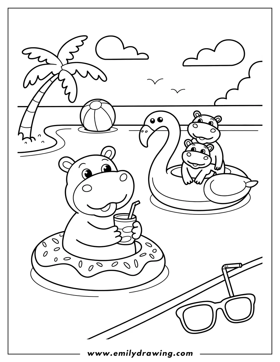 Outline of a group of happy hippos swimming in the water with inflatable floats. One large hippo is in a donut-shaped float, drinking. Two smaller hippos are riding a flamingo-shaped float. A palm tree, beach ball, and sunglasses are also visible.