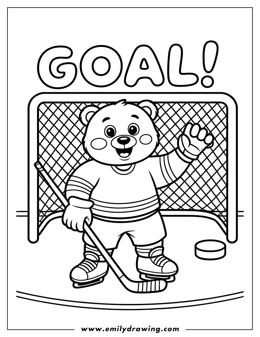 Line art of a bear dressed in a hockey uniform, holding a hockey stick and standing by the net. A hockey puck sits nearby.