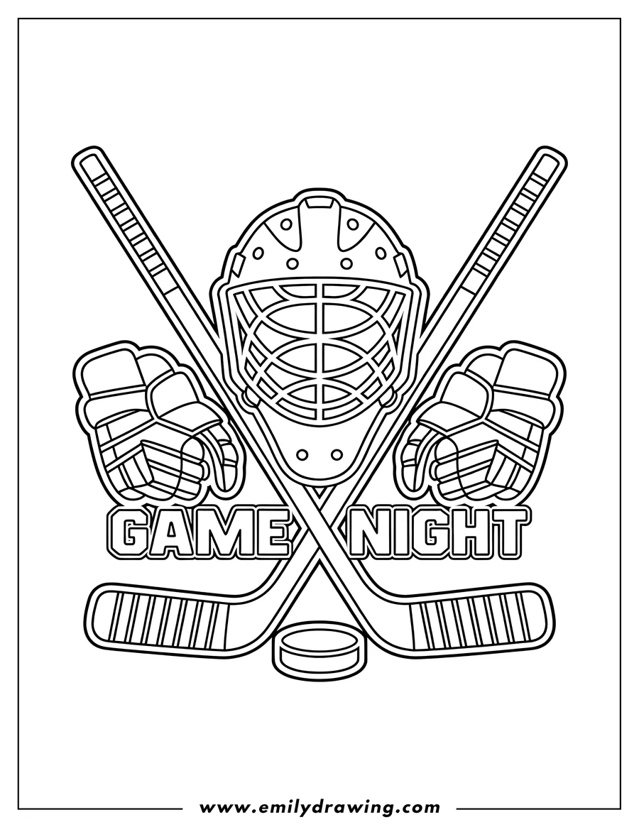 Line art of hockey equipment for game night, featuring crossed hockey sticks, a goalie mask, gloves, and a puck.