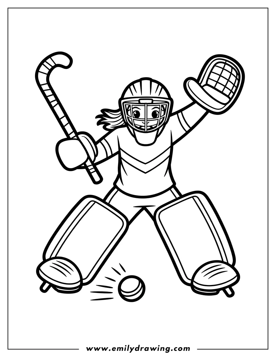 Line art of a hockey goalie in protective gear, holding a stick and blocker, about to stop a fast-moving puck.