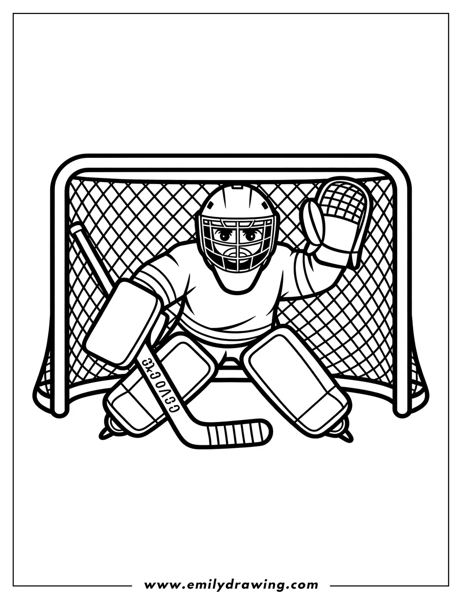 Outline of a hockey goalie in a defensive stance, ready to block a shot in the net.