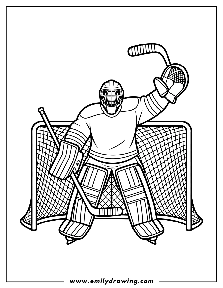 Line art of a hockey goalie in a net, ready to block the puck.