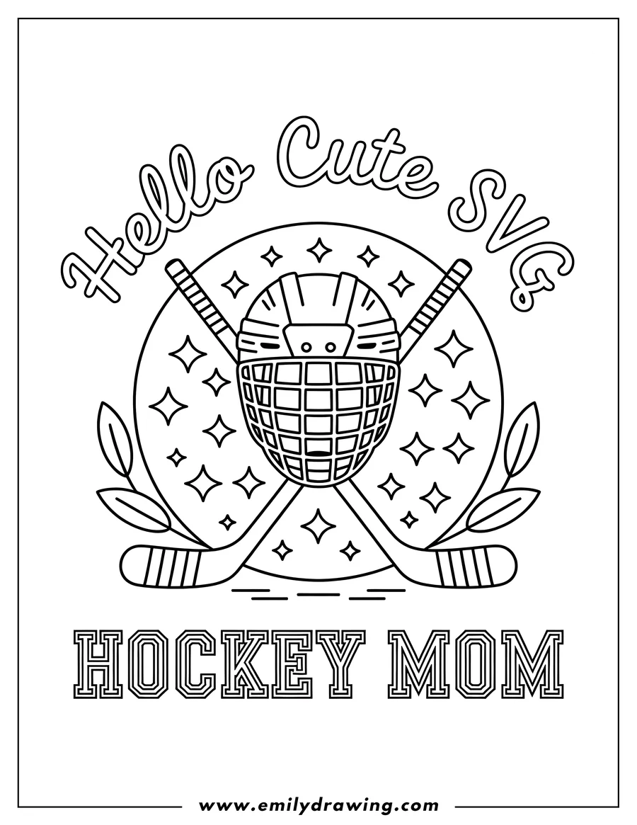 Line art of a hockey helmet with crossed hockey sticks on a background with stars.