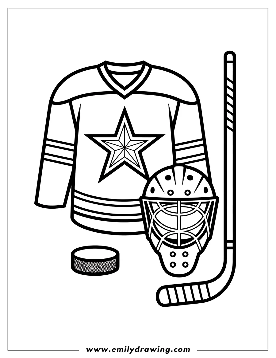 Line art of a hockey jersey with a star, a goalie mask, a hockey stick, and a puck.