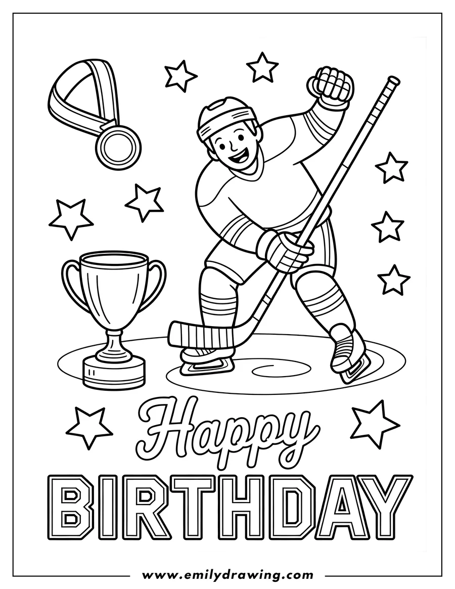 Line art of a hockey player celebrating a birthday with a trophy, a medal, and stars.
