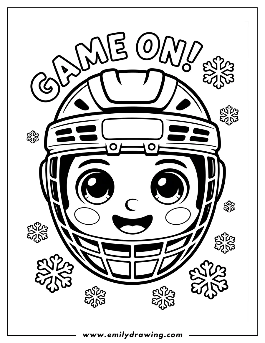 Line art of a hockey player wearing a helmet, surrounded by snowflakes.