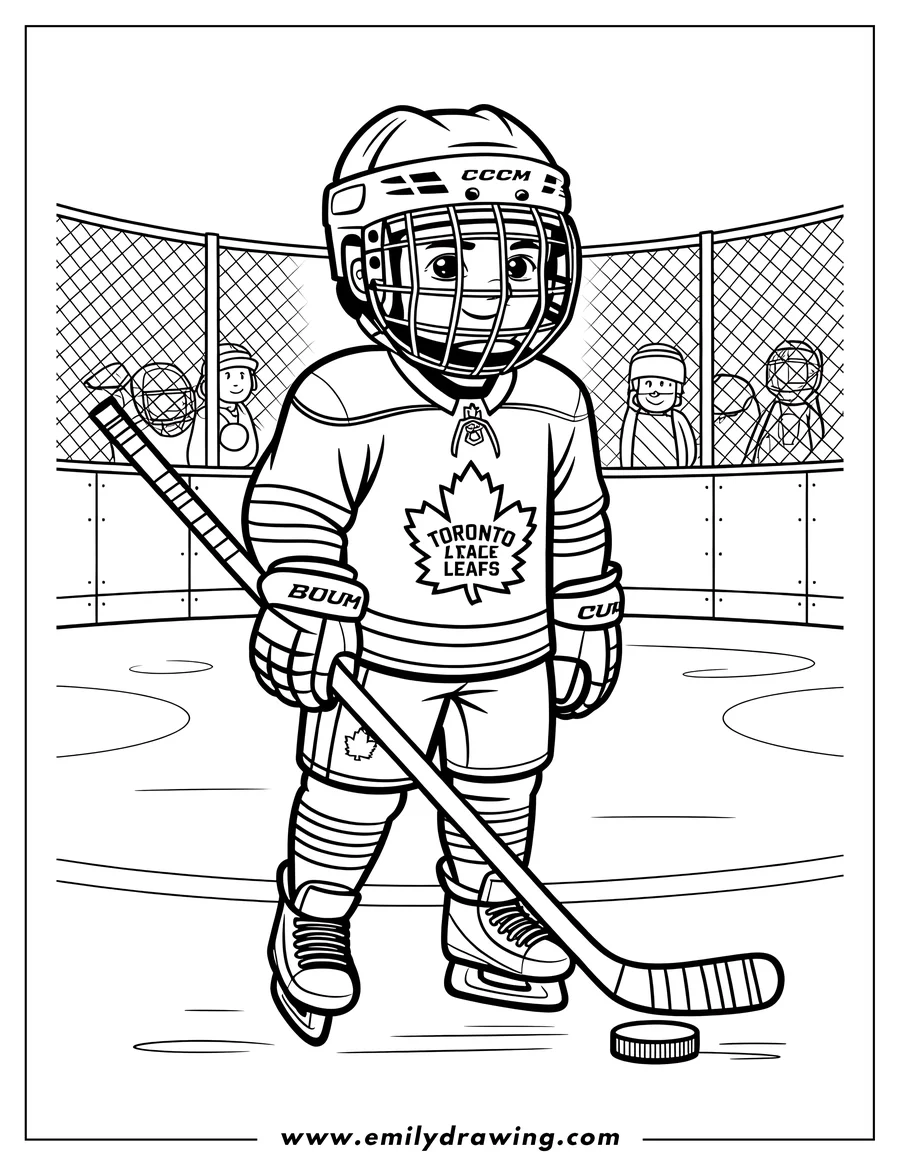 Line art of a hockey player wearing a Toronto Maple Leafs jersey, skating on the ice with their stick and a puck.