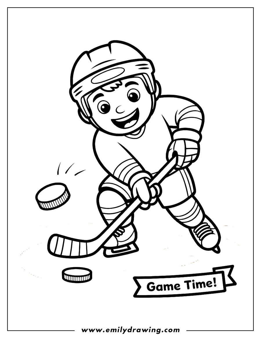 Line art of a hockey player skating with a hockey stick and puck.