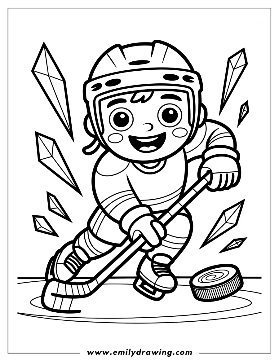 Outline of a hockey player with a puck and stick, ready for action on the ice.
