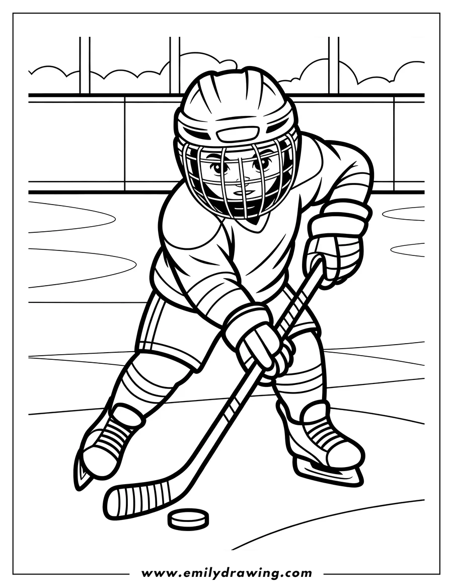 Line art of a hockey player poised to shoot the puck on the ice, stick raised and ready to strike. They are wearing a helmet and full uniform.