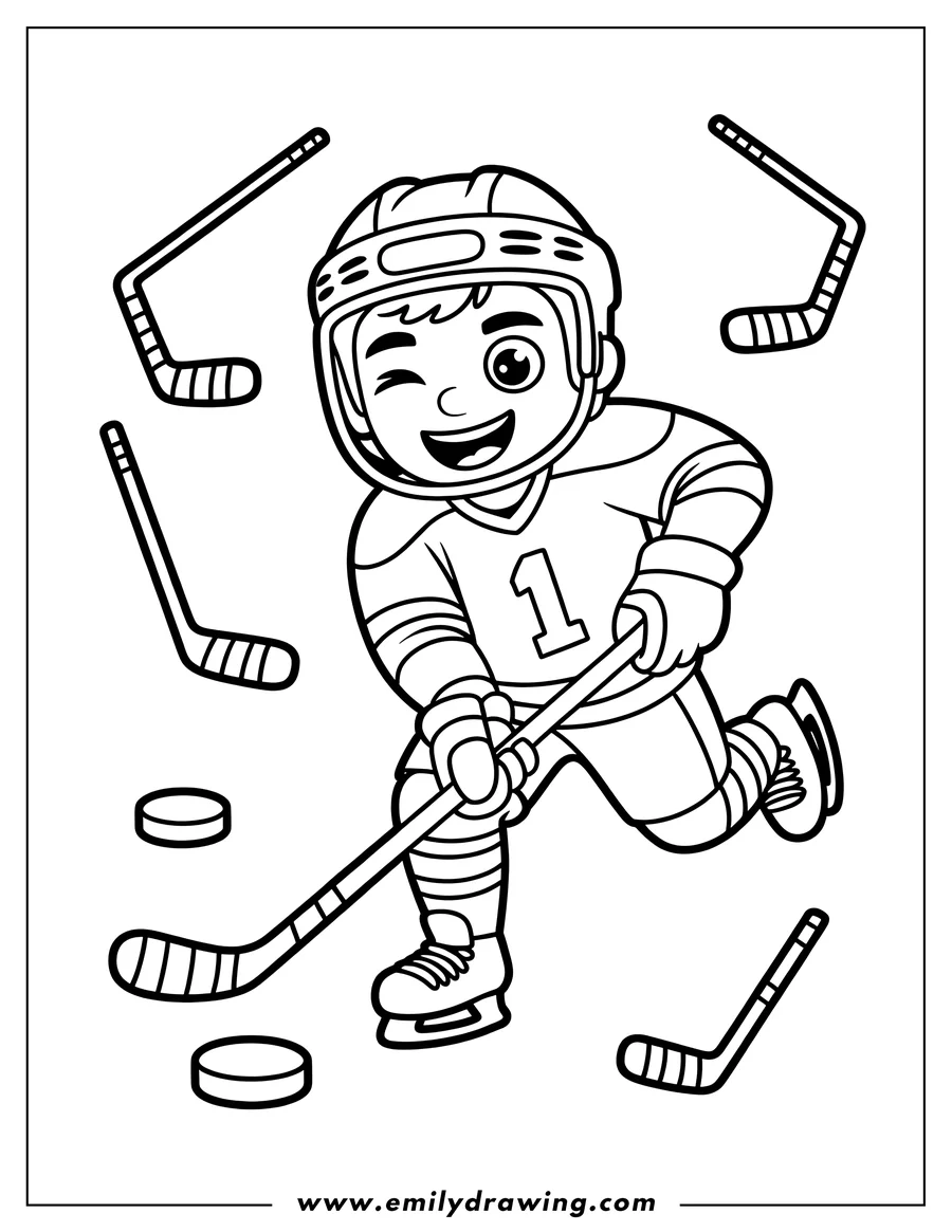 Line art of a hockey player skating with a stick and puck. He is wearing a helmet and uniform.
