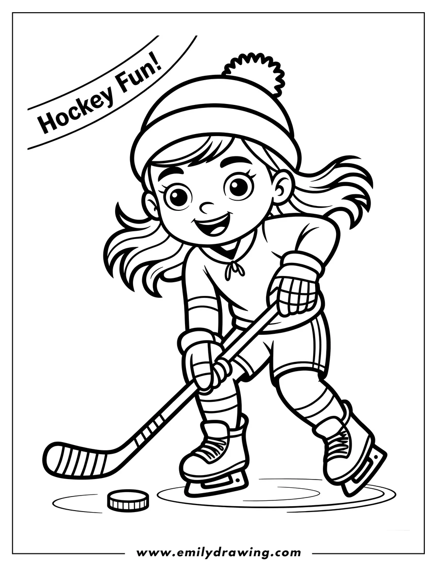 Line art of a girl, dressed in hockey gear, about to hit a puck with her stick.