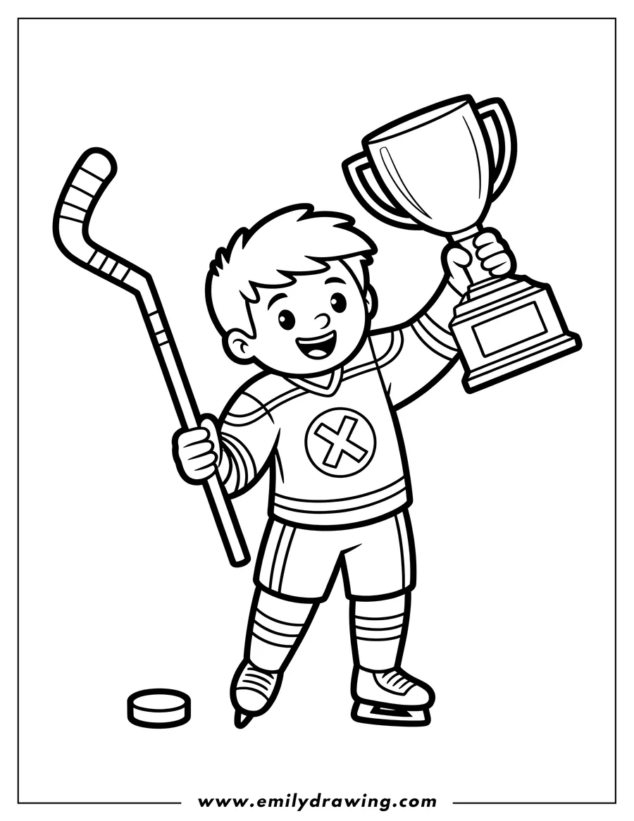 Outline of a hockey player holding a trophy and hockey stick, with a puck nearby.