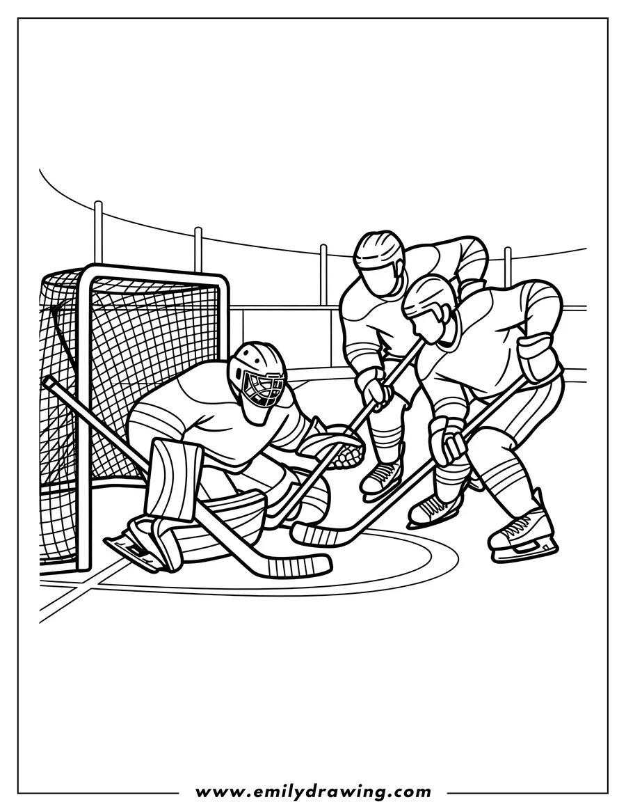 Line art of hockey players on the ice. One player is defending the goal while two others move to score.