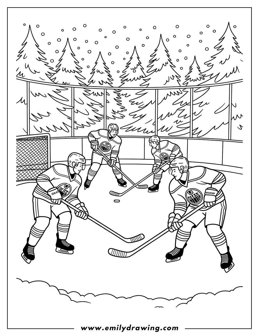 Outline of hockey players skating on an outdoor rink surrounded by a fence and pine trees with snow falling.