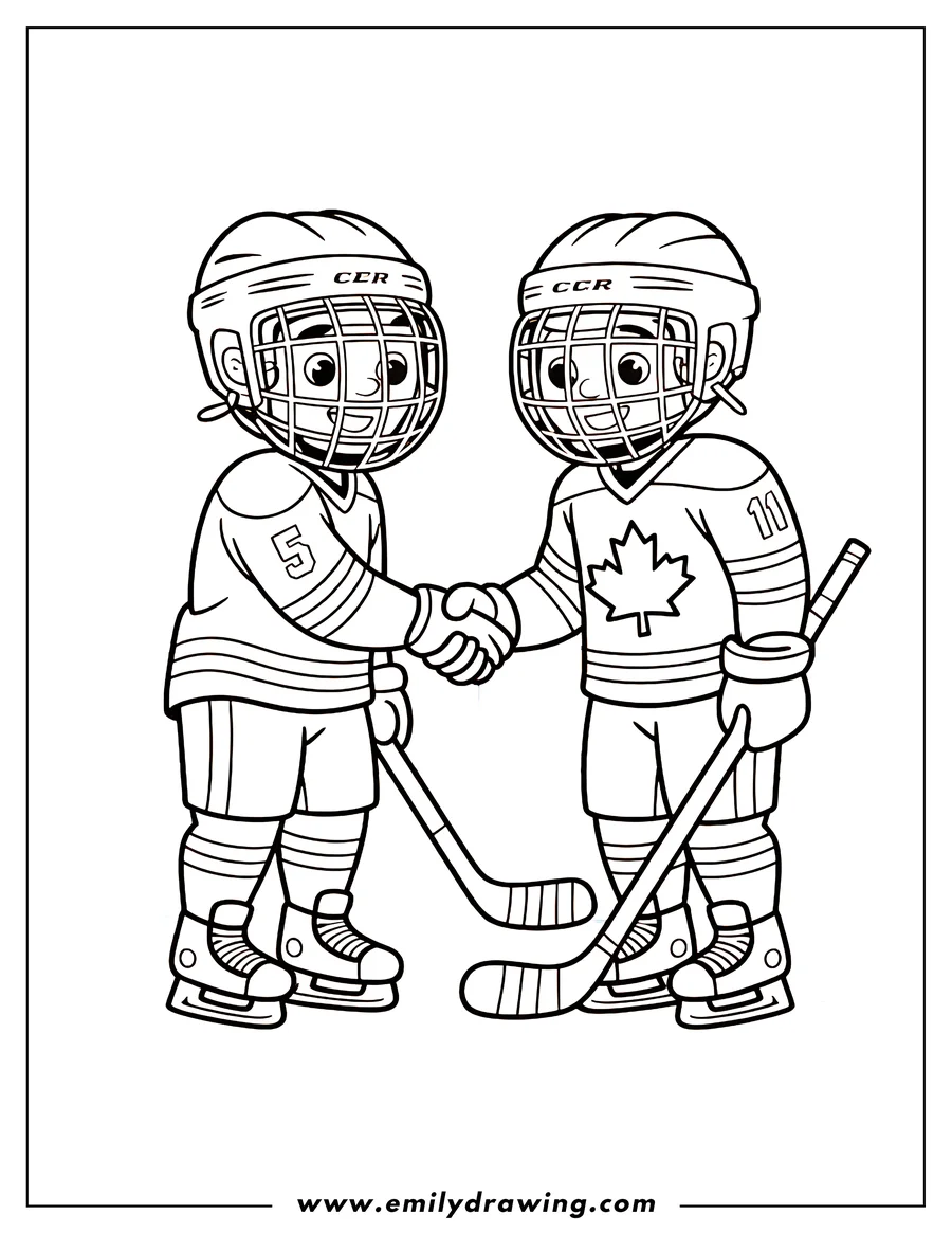 Two hockey players shaking hands. They are both wearing helmets, holding hockey sticks, and ready for the game to start. One player has a maple leaf on their jersey.