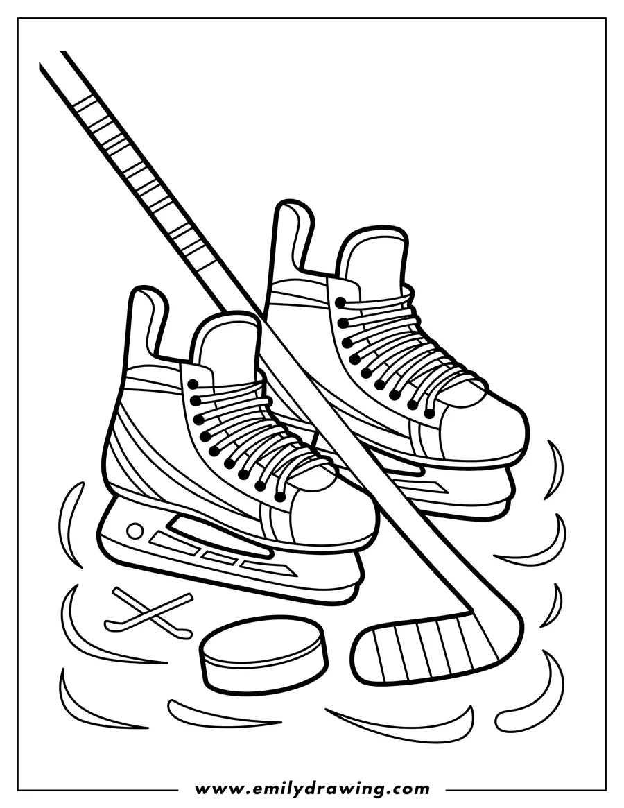 Outline of hockey skates, a hockey stick, a puck, and crossed hockey sticks.