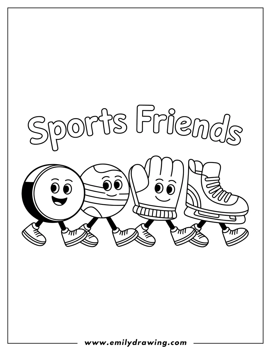 Line art of a hockey puck, ball, glove and ice skate, each with smiling faces and wearing sneakers, walking together.