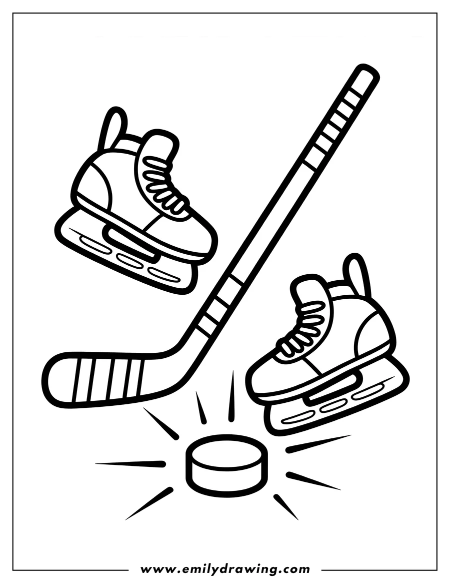 Line art of a hockey stick, puck, and skates. The stick is positioned as if about to hit the puck.