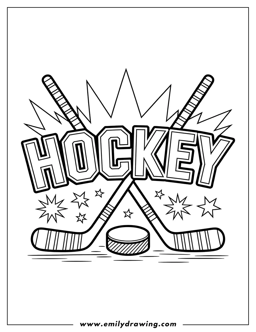 Line art of two crossed hockey sticks with a puck between them, surrounded by stars and the word