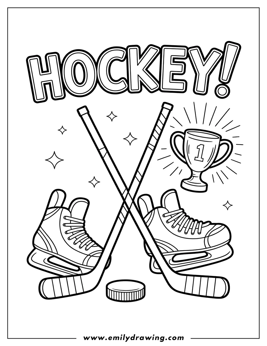 Line art of crossed hockey sticks, ice skates, a hockey puck, and a trophy. Perfect for hockey enthusiasts.