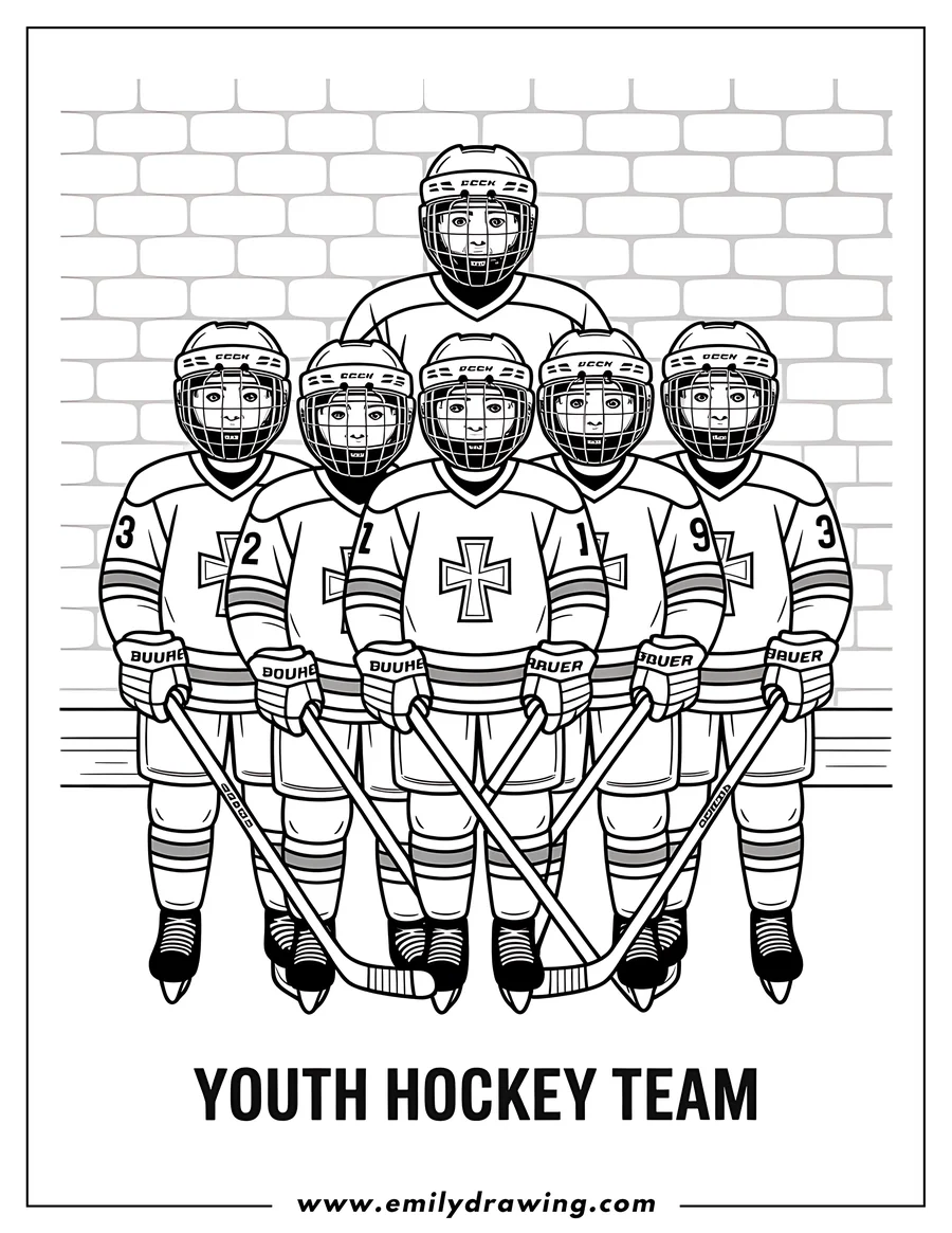 Line art of a youth hockey team, ready for coloring. The young players are wearing helmets, jerseys, and holding their hockey sticks.